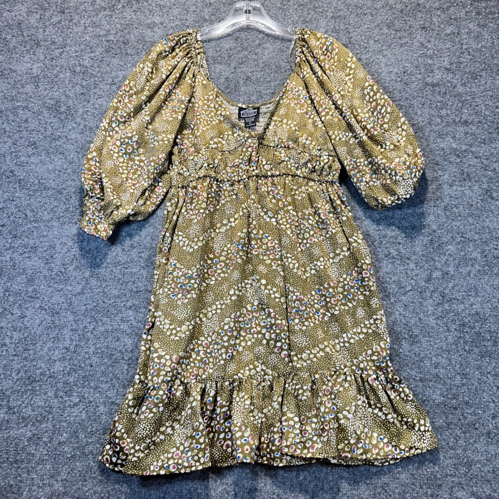 Angie Babydoll Dress Womens L Olive Green Boho Abstract Ruffle Balloon Sleeves
